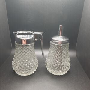 Vintage Cambridge Clear Glass Sugar & Syrup Set Diamond Point Pressed Glass MCM